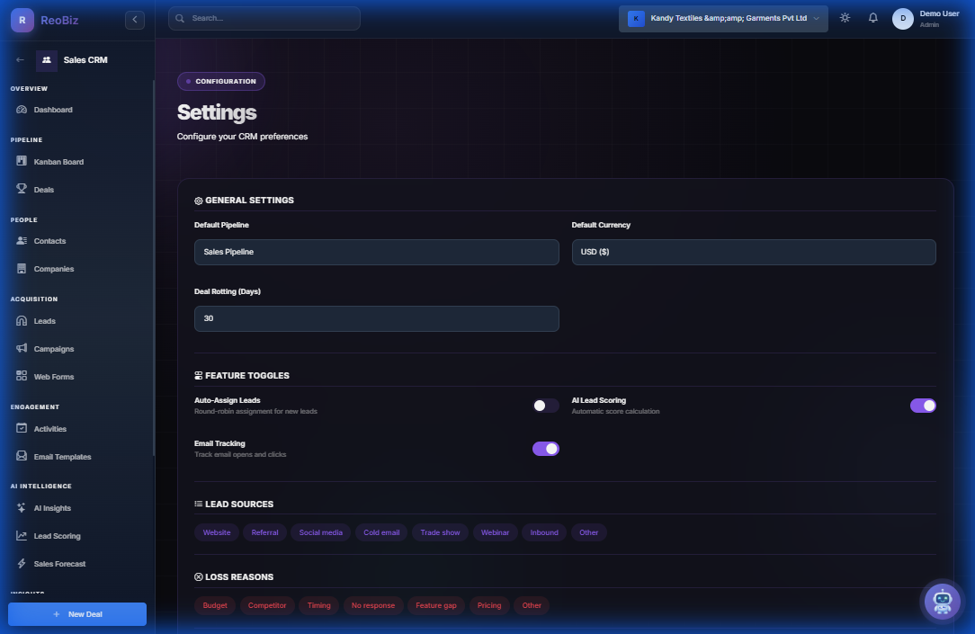 CRM settings with pipeline config, AI toggles, and customization