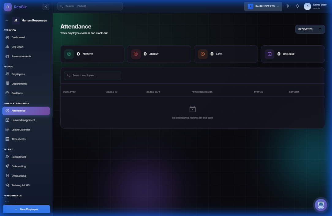 Attendance tracking with clock in/out and summaries