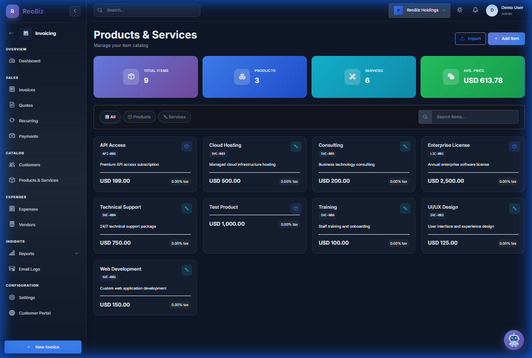 Product and services catalog with pricing management