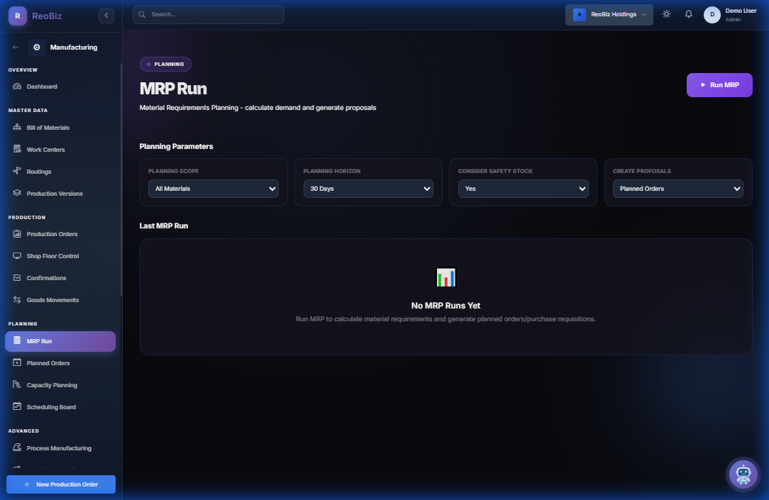 MRP Run with material requirements planning
