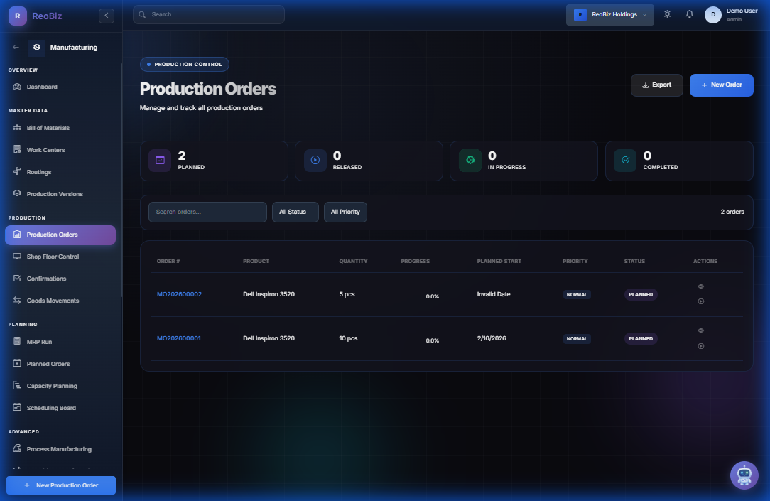 Production Orders - Manage manufacturing orders