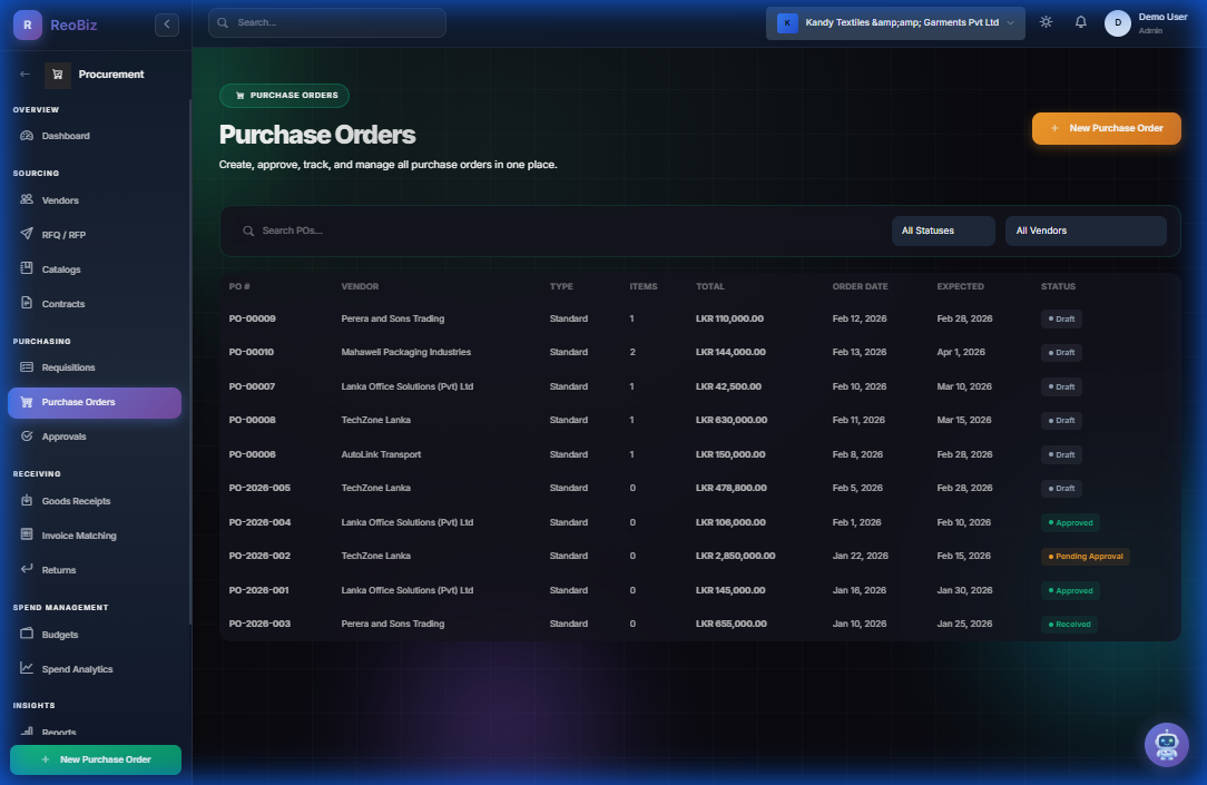 Purchase Orders - Track all POs with status management