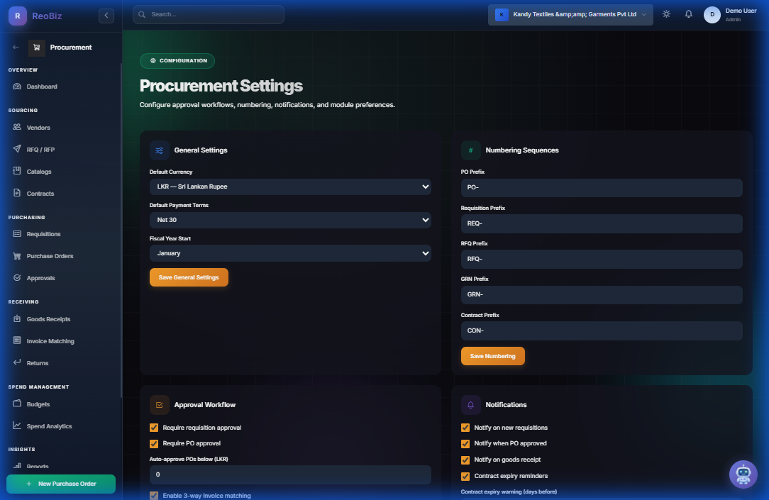 Procurement Settings and Configuration