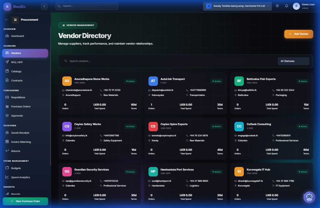 Vendor Directory - Manage suppliers with performance scores