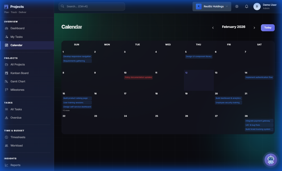 Calendar view with tasks, milestones, and deadlines