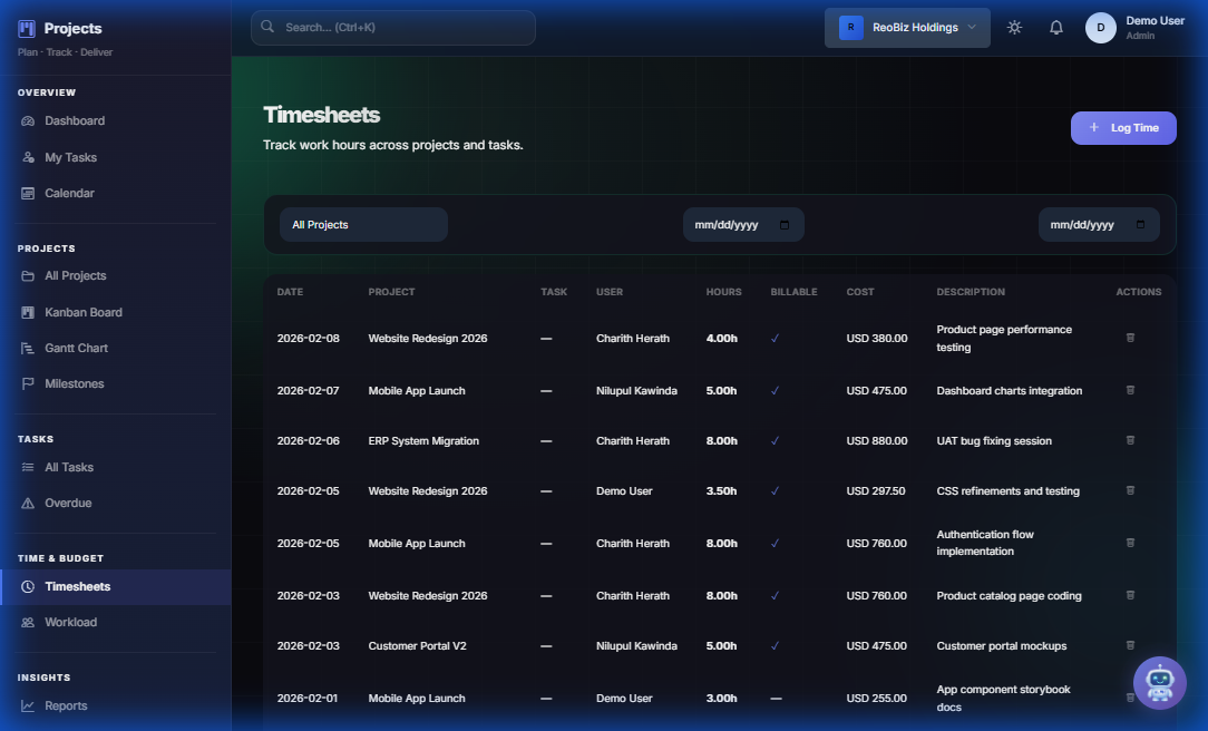 Timesheet tracking with billable hours and project allocation
