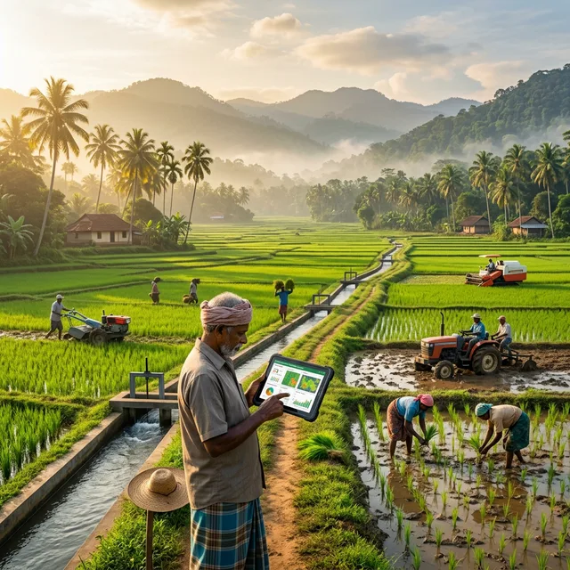 Sri Lankan agriculture with rice paddies and modern farming technology