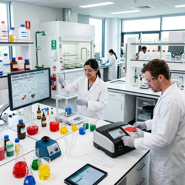 Chemical laboratory with formula tracking and batch analysis on digital screens