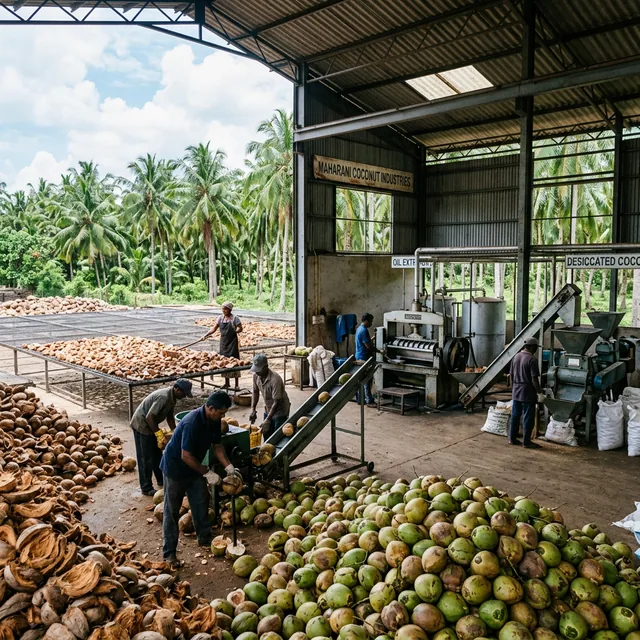 Coconut processing facility with workers and machinery in tropical setting