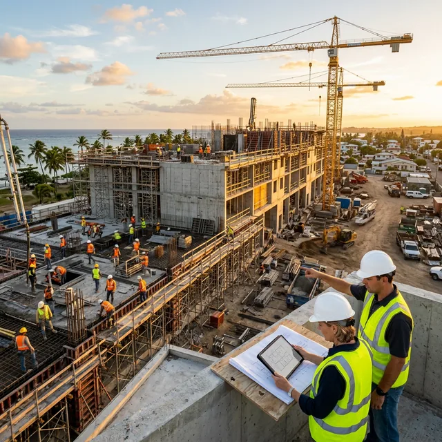 Construction site with project managers reviewing blueprints on digital tablets