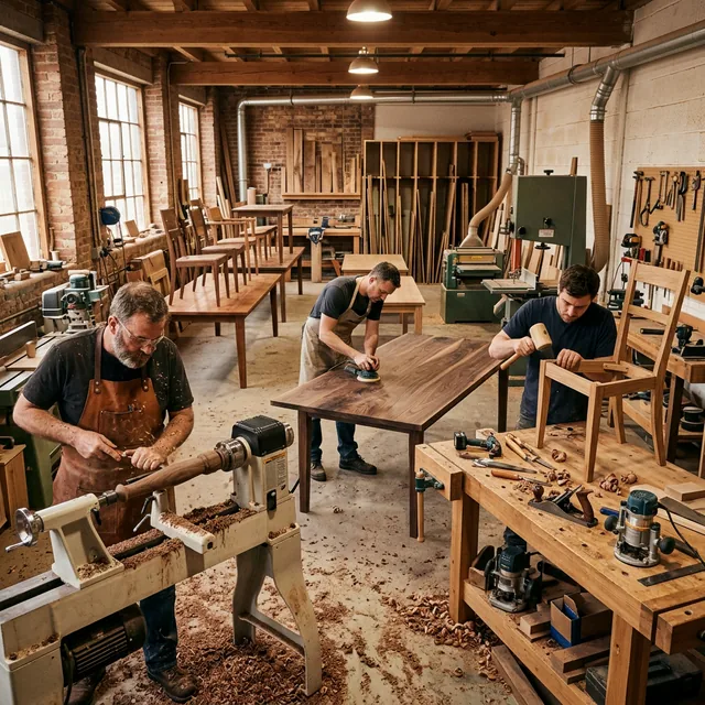 Furniture manufacturing workshop with craftsmen working on wooden pieces