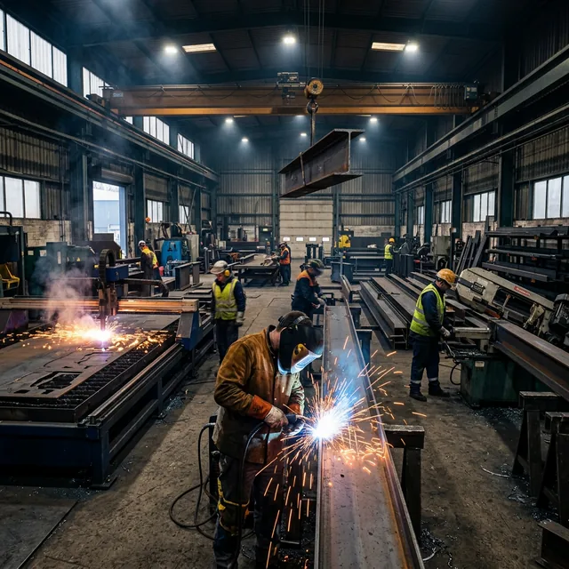 Steel fabrication workshop with welding and CNC cutting operations